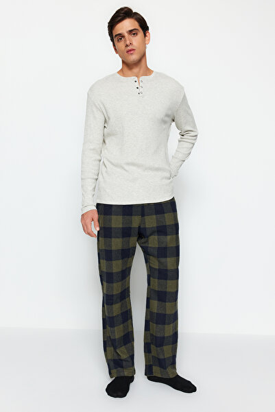 Trendyol Collection Khaki pohodlný střih kostkované tkané pyžamové kalhoty TMNAW24PJ00019