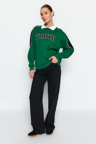 Trendyol Collection Πράσινο χοντρό φλις εσωτερικά με γιακά πόλο με κανονική/κανονική εφαρμογή πλεκτό φούτερ TWOAW24SW00224