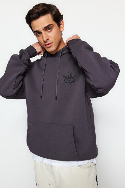 Trendyol Collection Antracitová fleecová/teplá oversize mikina s kapucí – TMNAW24SW00195