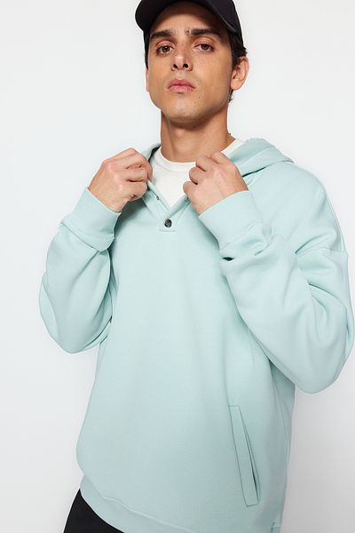 Trendyol Collection Mint Oversize/Wide Cut Hooded Snap Button Fleece Inside Cotton Sweatshirt TMNAW24SW00135