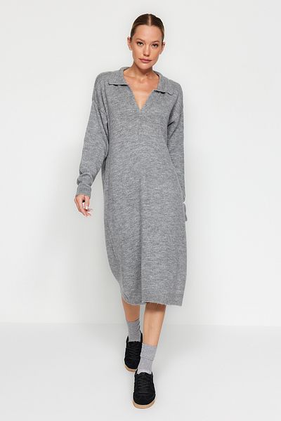 Trendyol Collection Gray Knitwear Midi Dress - Soft Texture, More Sustainable TWOAW24EL00520