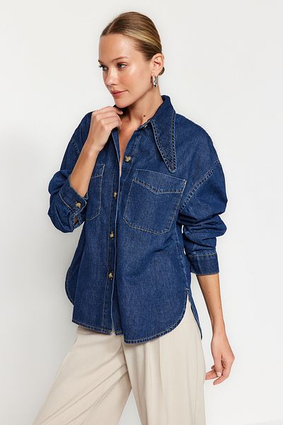 Trendyol Collection Blue Collar Detailed Denim Shirt TWOAW24GO00221