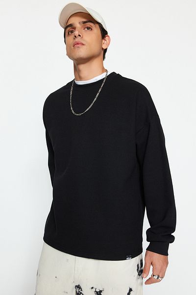 Trendyol Collection Labeled Black Textured Cotton Oversize Sweatshirt - Long Sleeve TMNAW24SW00216