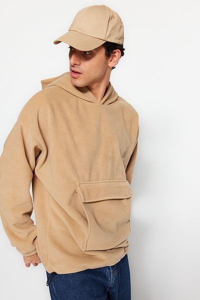 Trendyol Collection Oversize Hooded Fleece Sweatshirt - Minimal Printed with Pocket Detail TMNAW24SW00082