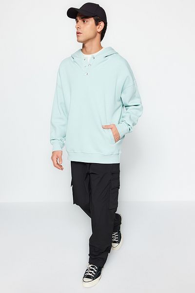Trendyol Collection Mint Oversize/Wide Cut Hooded Snap Button Fleece Inside Cotton Sweatshirt TMNAW24SW00135