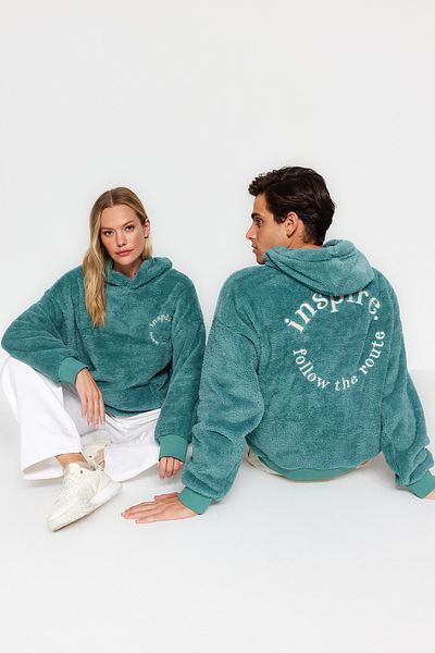 Trendyol Collection Mint Hooded Embroidered Plush Oversize Sweatshirt - TMNAW24SW00028