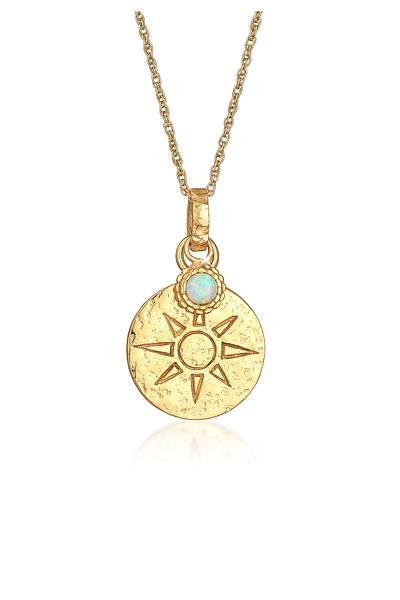ELLI Halskette Damen Plättchen-Anhänger Sonne antik rund mit synthetischem Opal in 925 Sterling Silber vergoldet
