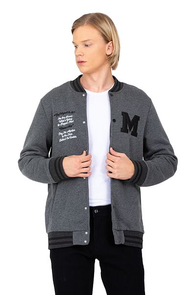 DYNAMO Men's Anthracite College Collar Bomber Regular/Normal Cut Ribbed Cotton Sweatshirt 6755