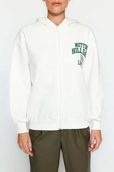 Trendyol Collection Ecru zadní potištěná mikina na zip s kapucí silná vnitřní fleece oversize fit pletená mikina TWOAW24SW00391