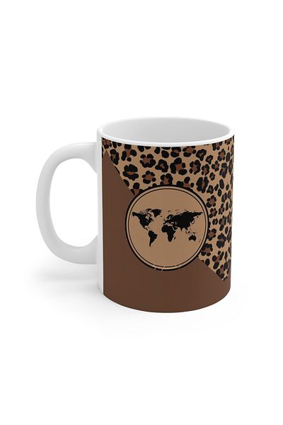MARİS STORE Porcelain - Modern World Map with Leopard Pattern - Gift Mug - 1 Piece.