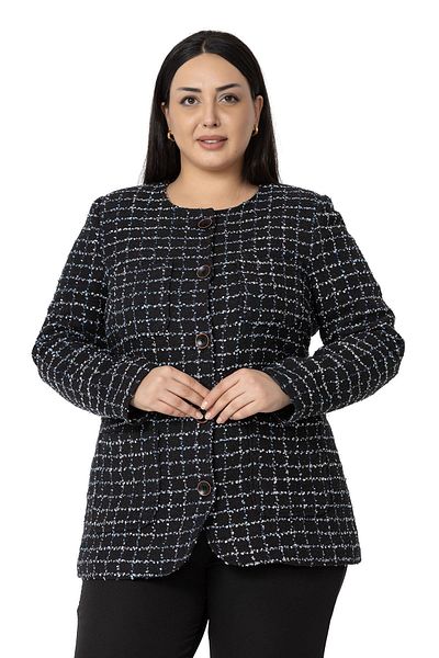 DISENTIS MODEST Μπουφάν μεγάλου μεγέθους χωρίς γιακά Glitter Chanel Μαύρο Navy Blue με επένδυση