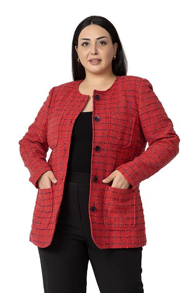 DISENTIS MODEST Large Size Pocketed Collarless Glitter Chanel Red Lined Jacket