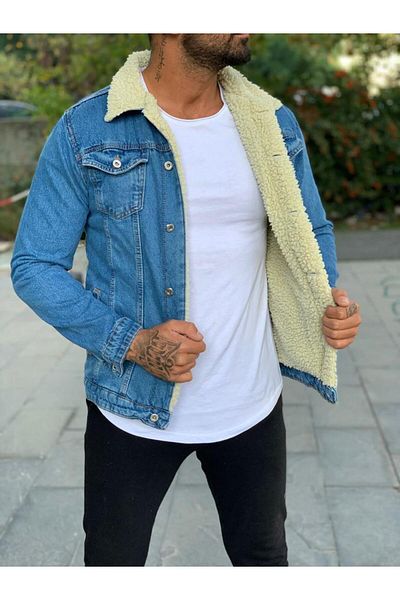 He Brand Ανδρικό τζιν μπουφάν σε μπλε Slim Fit με Γούνα Εσωτερικά