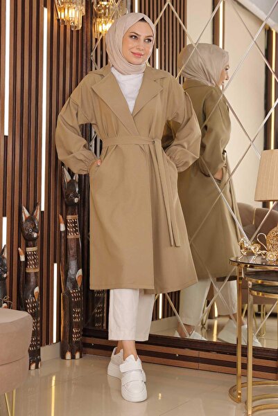 Modamihram Wide Collar Belted Trench Coat Mink 19148