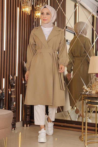 Modamihram Wide Collar Belted Trench Coat Mink 19148