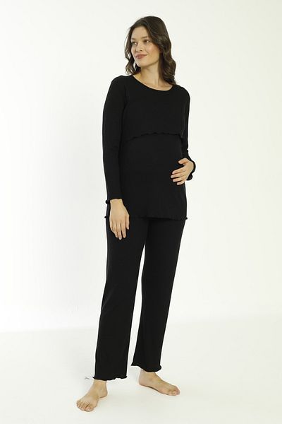 Miss Dünya Lissa Black Cotton Corded Knitted Fabric Maternity and Maternity Long Sleeve Pajamas Set