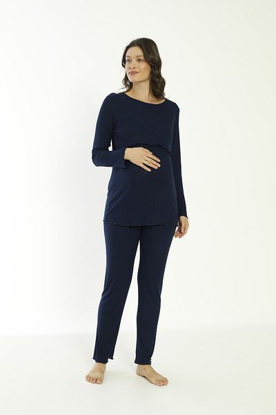 Miss Dünya Lissa Navy Blue Cotton Corded Knitted Fabric Maternity and Maternity Long Sleeve Pajamas Set