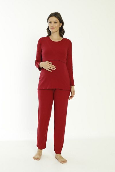 Miss Dünya Lissa Claret Red Cotton Corded Knitted Fabric Maternity and Maternity Long Sleeve Pajamas Set