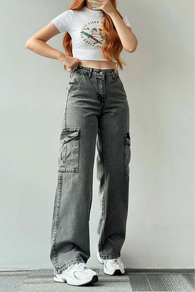 Trn JNS Lucas Women's Smoked Snow Wash Extra High Waist Palazzo Jean with Cargo Pocket and No Back Pocket