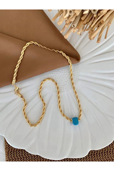 TÜKKAN ACCESSORİES Mavi Taşlı Gold Kaplama 45 Cm Pirinç Zincirli Kolye-00pk21