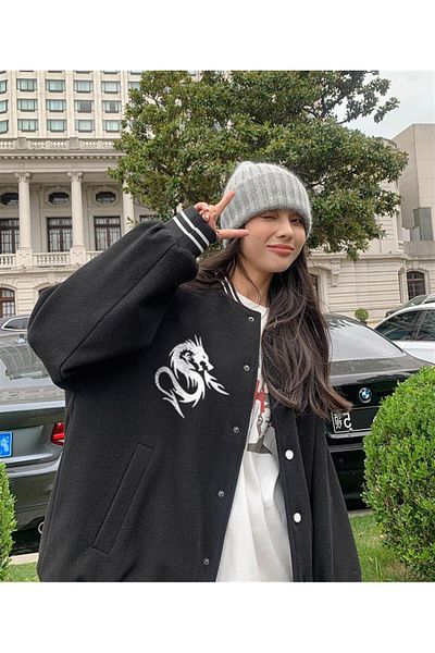 Touz zolid wear Dragon Printed Unisex Oversize Black College Jacket