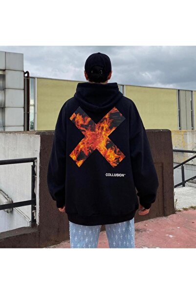 Gofeel Harajuku Flame X Printed Hooded Oversize Vintage Detail Sweatshirt Gofeel