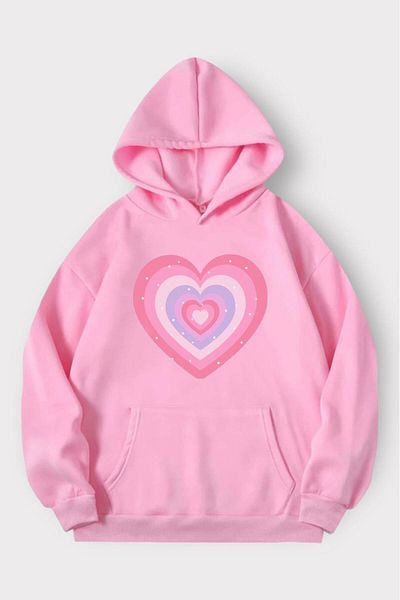 Gofeel Φούτερ Harajuku Oversize με ροζ λουλούδια - Καρδιά με στάμπα, Vintage λεπτομέρεια Gofeel