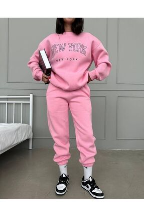 DUBU BUT K E ofman Tak m Sweatshirt Jogger Pembe Bask l Oversize ardonlu Bisiklet Yaka Fiyat Yorumlar Trendyol