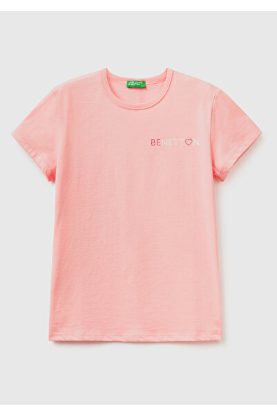 United Colors of Benetton Tricou roz pentru fete cu slogan imprimat