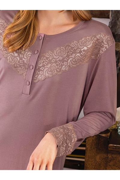 Aydoğan Cămașă de noapte din dantelă liliac - mânecă lungă, țesătură din bumbac (115 CM)