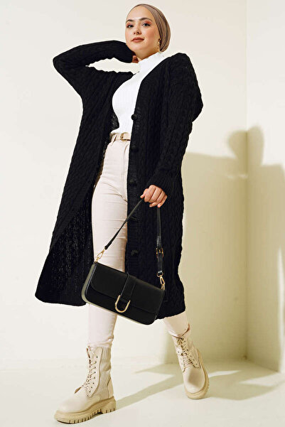 benguen 377 Buttoned Long Knitwear Cardigan Black