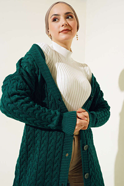 benguen 377 Μακρύ Πλεκτό Ζακέτα με κουμπιά σμαραγδί
