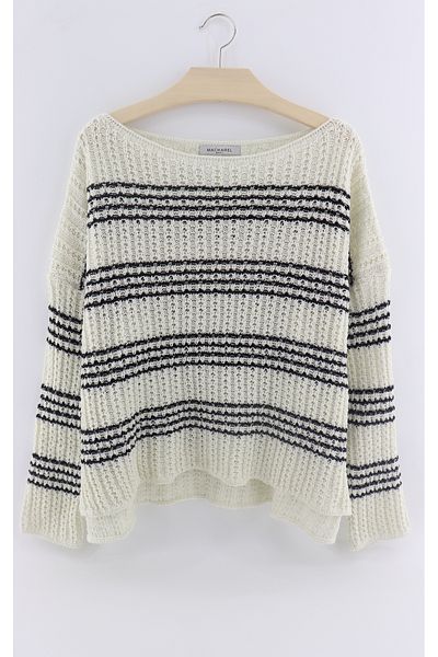 macharelbasic Women's Cream Black Striped Casual Model Wide Collar Seasonal Knitwear Sweater
