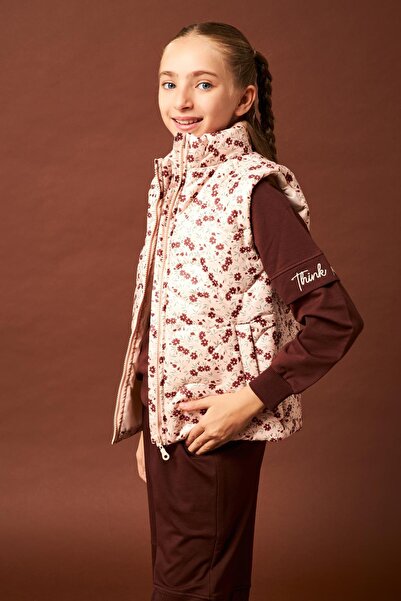 Perendi Flower Patterned Girl's Vest Stone