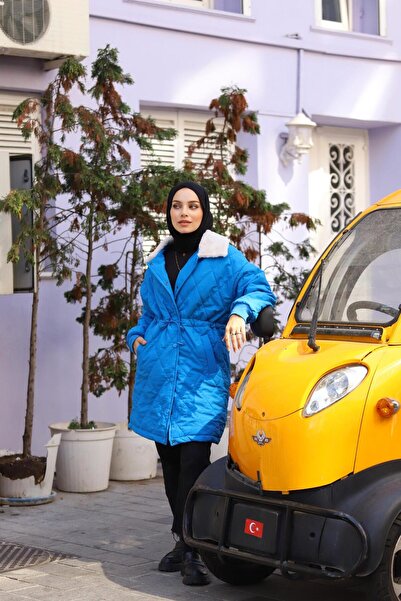 lurex moda Fur Collared Diamond Pattern Quilted Jacket with Waist Tie