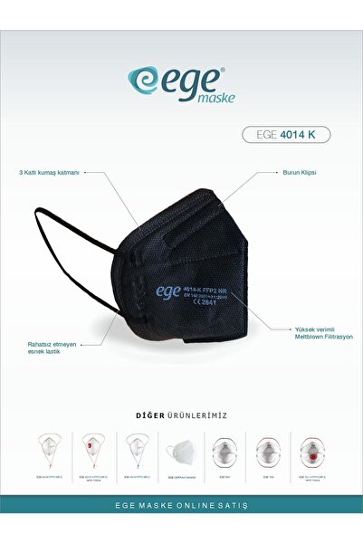 EGE MASKE Ege Ffp2 4014-k Nr N95 Ventilsiz Maske 50'li Siyah