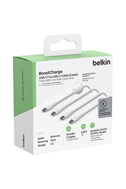 Belkin Type-C to Type-C Örgülü Kablo 1 Metre (İkili Paket) - Beyaz