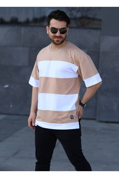 ixir Ανδρικό μπλουζάκι Oversize Οριζόντια Ριγέ Ταν Λευκό