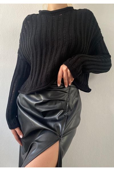 minaaise Pulover negru din tricotaje ajurate 26032