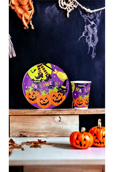 Happyland Happy Halloween Patterned Cardboard Plate Cup Set of 8 Halloween Party Plate Set