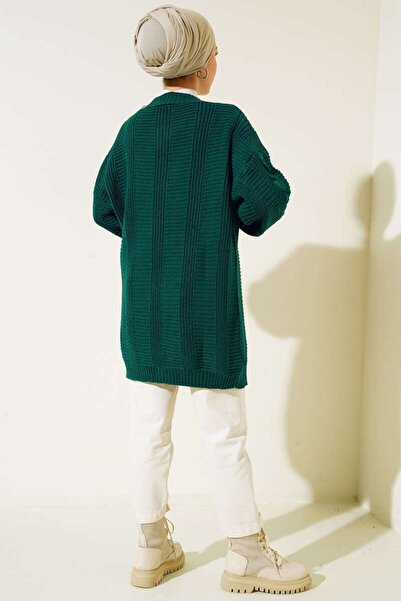 benguen 6999 Knitted Patterned Front Buttoned Cardigan Emerald Green