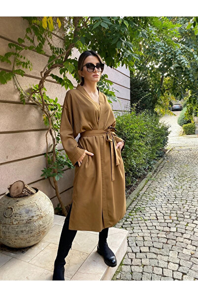 PARADICE Kadın Belden Bağlamalı Bonded Kumaş Balon Kol Taba Trençkot