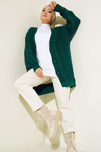 benguen 6999 Knitted Patterned Front Buttoned Cardigan Emerald Green
