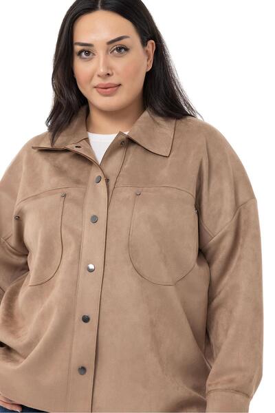 DISENTIS MODEST Large Size Suede Mink Shirt with Snap Closure Bag Pocket