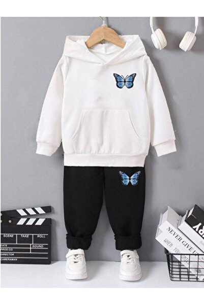 LePold 3 Thread Top Hooded White Bottom Black Printed Girls/Boys Oversize Sweatsihrt & Tracksuit Set