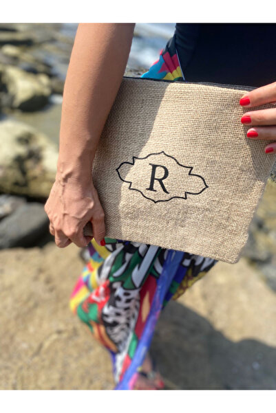 R Harfli Clutch Çanta - Jüt Kumaş