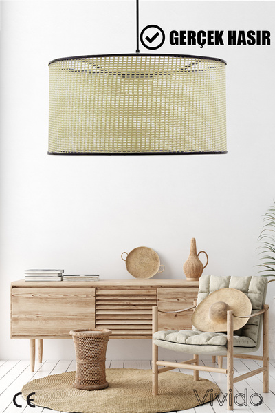 Vivido Abajur Wicker Cream-Black Wicker Pendant Lamp Chandelier 38cm
