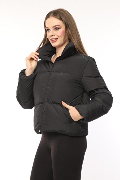 4K TEKSTİL Kadın Siyah Oversize Dolumlu Şişme Su Geçirmez Mont 8958