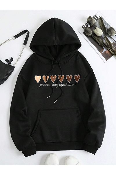 PALPİTO Hanorac cu glugă unisex negru cu imprimeu multiplu inimă