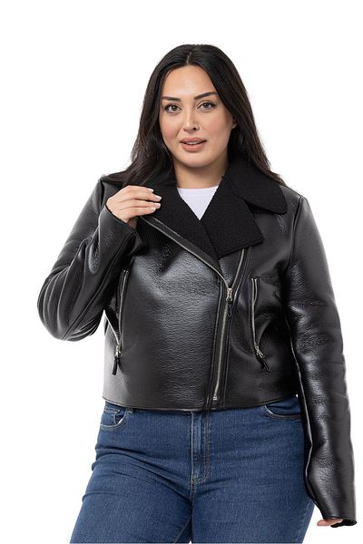 DISENTIS MODEST Large Size Fur Lined Double Breasted Zipper Detailed Leather Black Coat with Pockets